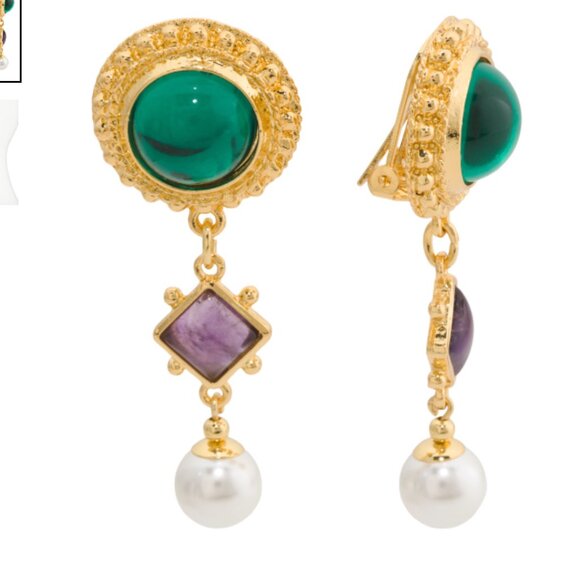 New BEN AMUN Made In USA, 24kt Gold Plated Glass Stone And Faux Pearl Earrings - Picture 2 of 4